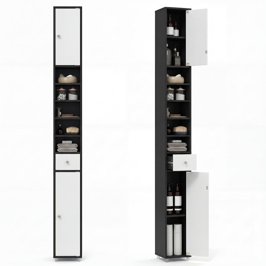 180CM Tall Freestanding Bathroom Cabinet with 2 Doors and 1 Drawer-Black and White