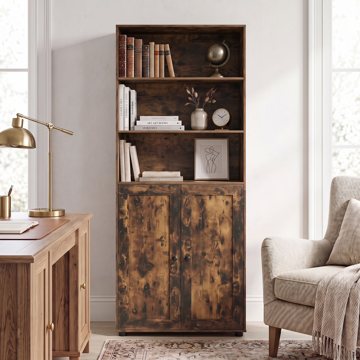 181 CM Tall Bookcase with 3 Shelves and Adjustable Shelf for Home Office-Coffee