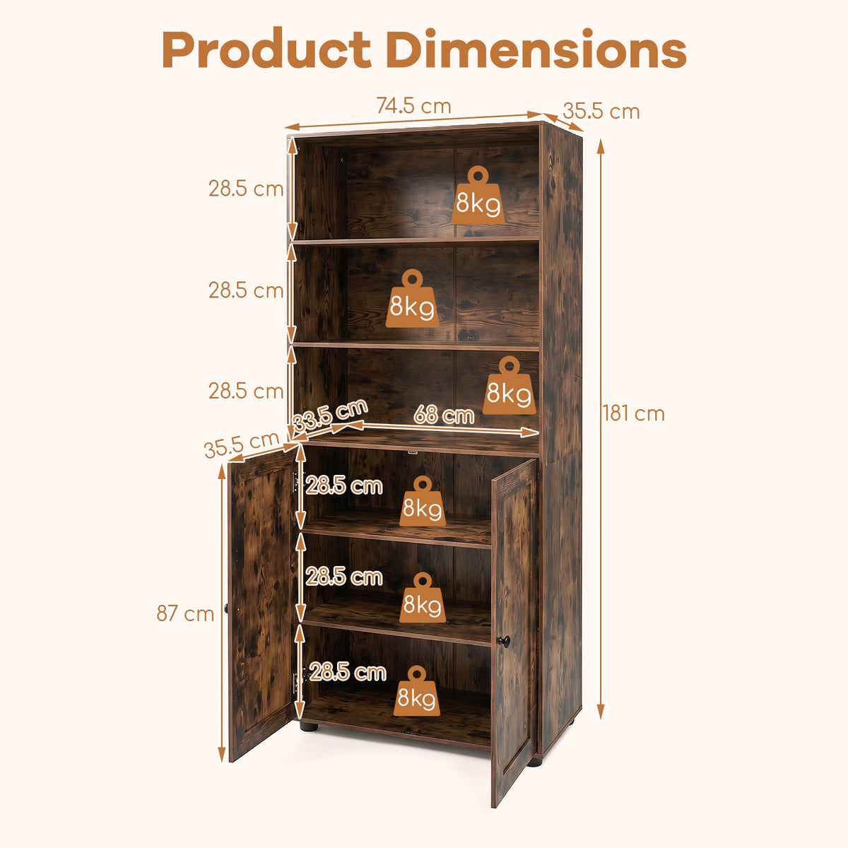 181 CM Tall Bookcase with 3 Shelves and Adjustable Shelf for Home Office-Coffee