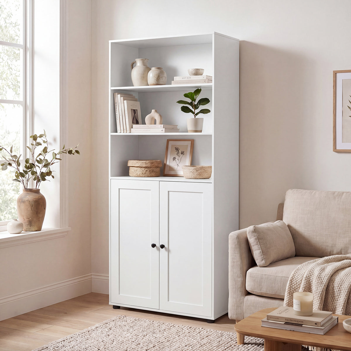 181 CM Tall Bookcase with 3 Shelves and Adjustable Shelf for Home Office-White