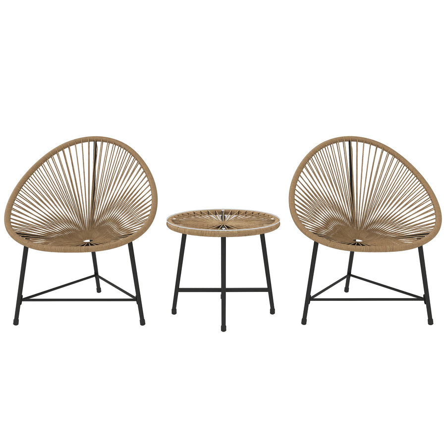 Outsunny 3 Pieces Rattan Bistro Set, Garden Bistro Set with Acapulco Chairs and Glass Top Table, Small Garden Furniture Set with Reinforced Metal Frame for Outdoor, Patio, Balcony, Natural