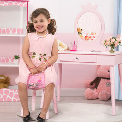 Child's Dressing Table and Cushioned Stool Set-Pink