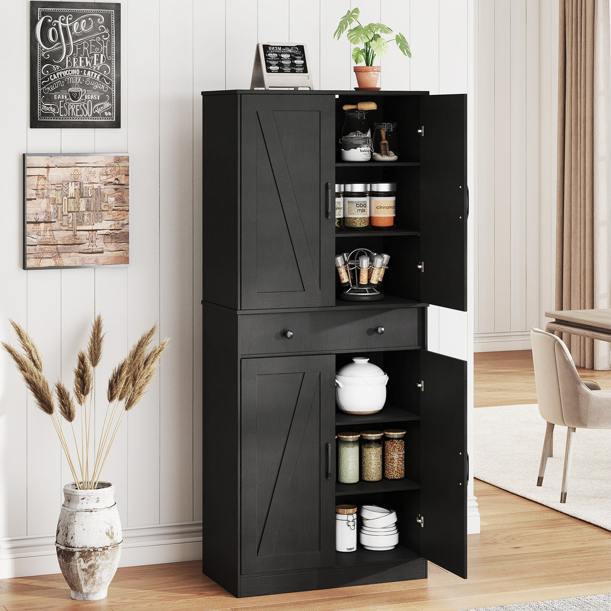 183cm Tall Kitchen Pantry with 4 Barn Doors and 3 Adjustable Shelves-Black