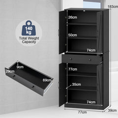 183cm Tall Kitchen Pantry with 4 Barn Doors and 3 Adjustable Shelves-Black