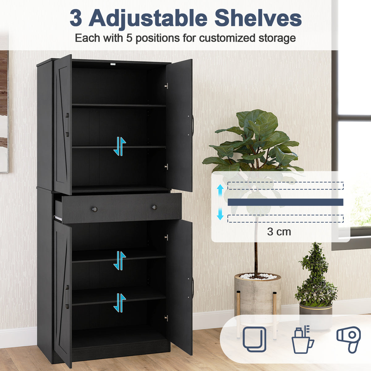 183cm Tall Kitchen Pantry with 4 Barn Doors and 3 Adjustable Shelves-Black