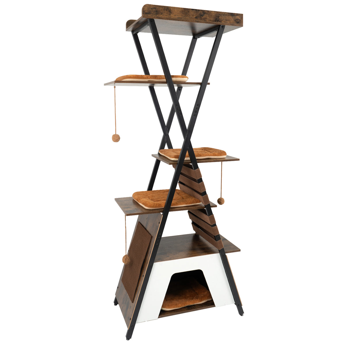 185CM Wooden Multi-level Cat Tower with Elevated Perch-Rustic Brown