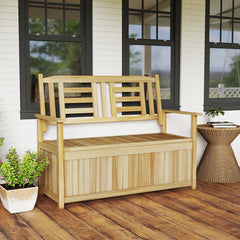 185L Patio Storage Bench Solid Wood Storage Loveseat with Backrest and Armrests-Natural
