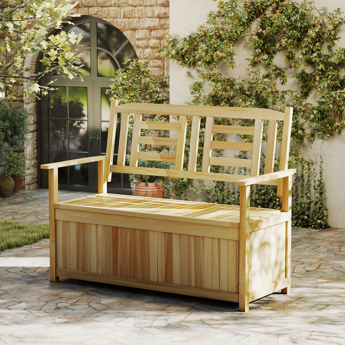 185L Patio Storage Bench Solid Wood Storage Loveseat with Backrest and Armrests-Natural