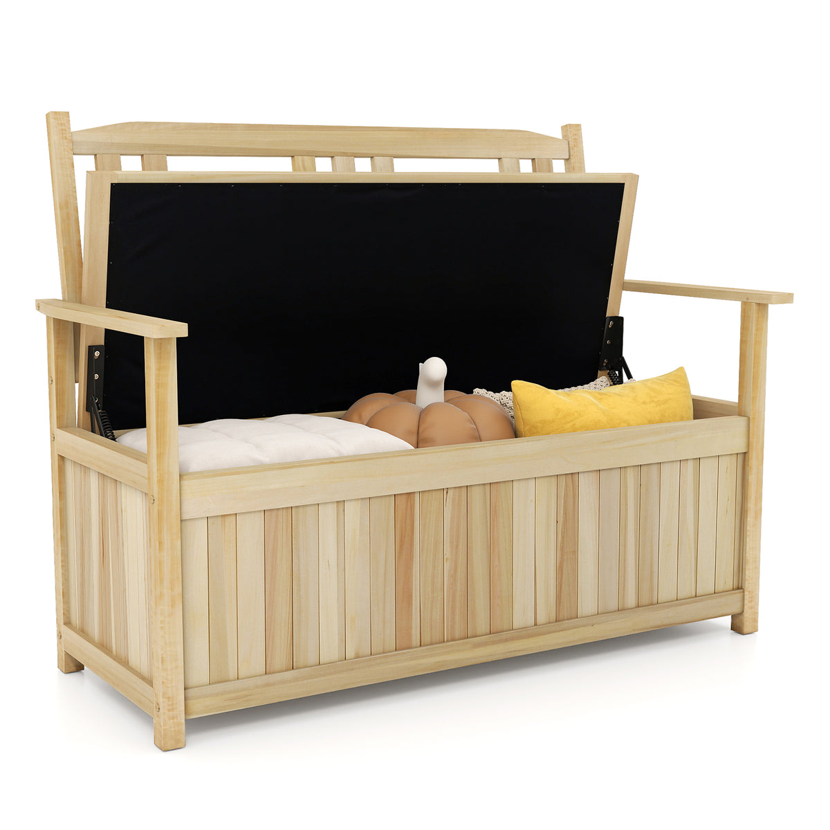 185L Patio Storage Bench Solid Wood Storage Loveseat with Backrest and Armrests-Natural