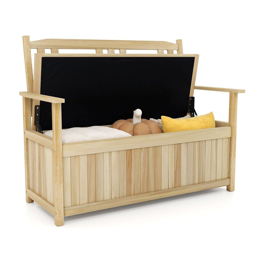 185L Patio Storage Bench Solid Wood Storage Loveseat with Backrest and Armrests-Natural