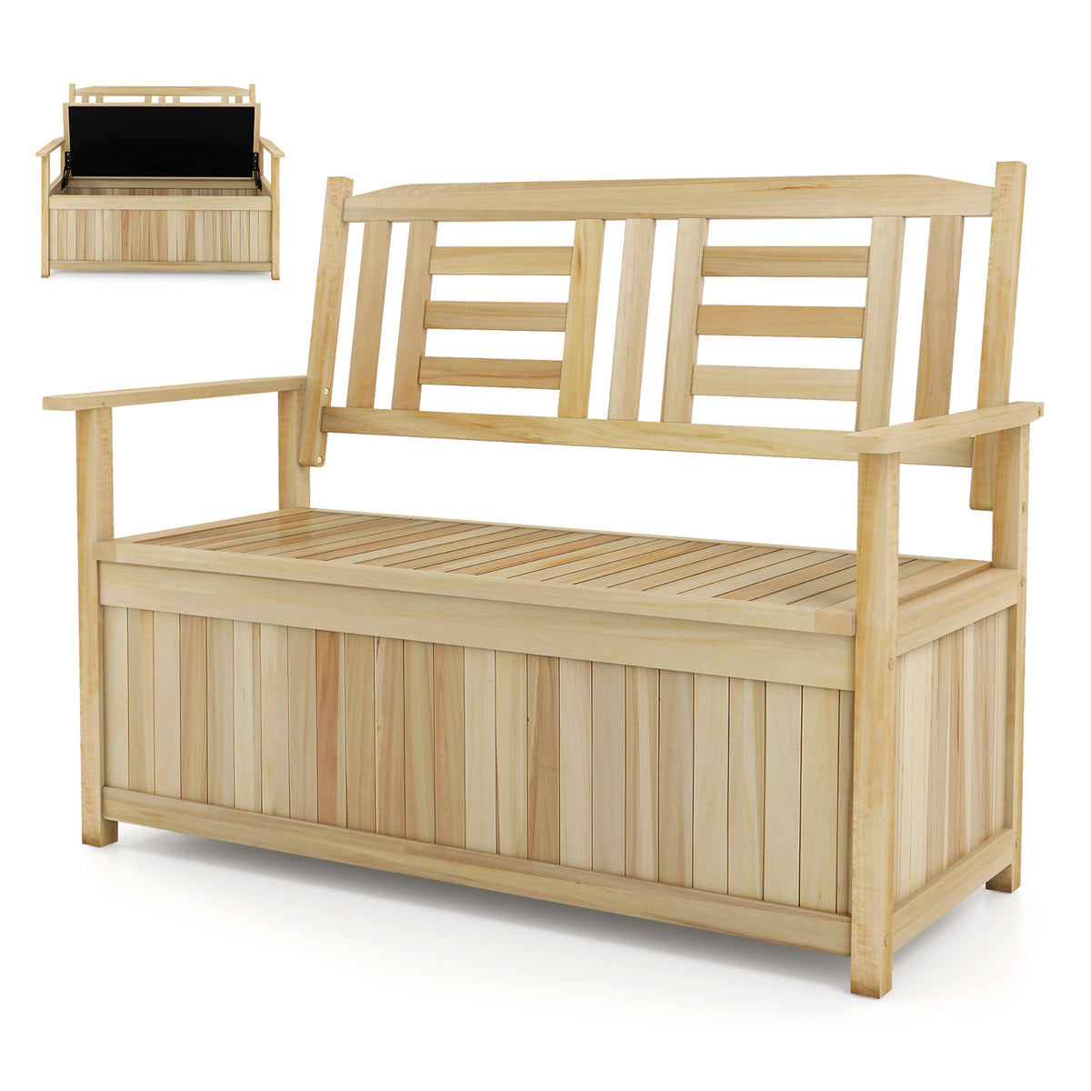 185L Patio Storage Bench Solid Wood Storage Loveseat with Backrest and Armrests-Natural