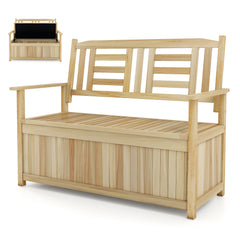 185L Patio Storage Bench Solid Wood Storage Loveseat with Backrest and Armrests-Natural