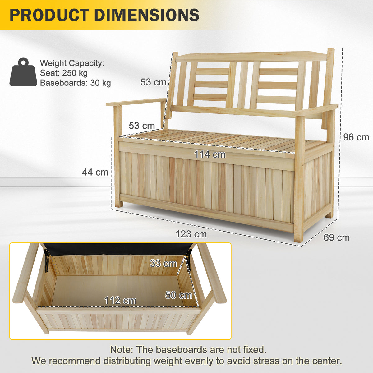 185L Patio Storage Bench Solid Wood Storage Loveseat with Backrest and Armrests-Natural