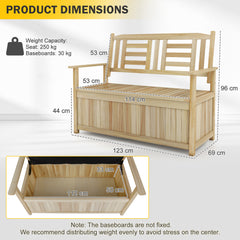 185L Patio Storage Bench Solid Wood Storage Loveseat with Backrest and Armrests-Natural