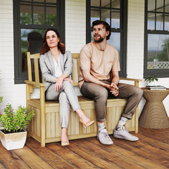 185L Patio Storage Bench Solid Wood Storage Loveseat with Backrest and Armrests-Natural