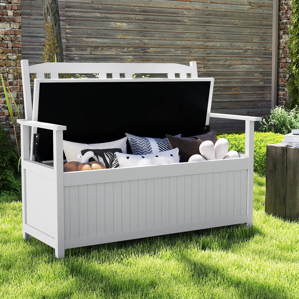 185L Patio Storage Bench Solid Wood Storage Loveseat with Backrest and Armrests-White
