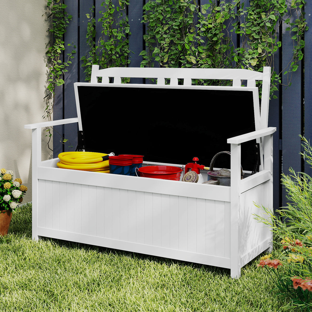 185L Patio Storage Bench Solid Wood Storage Loveseat with Backrest and Armrests-White