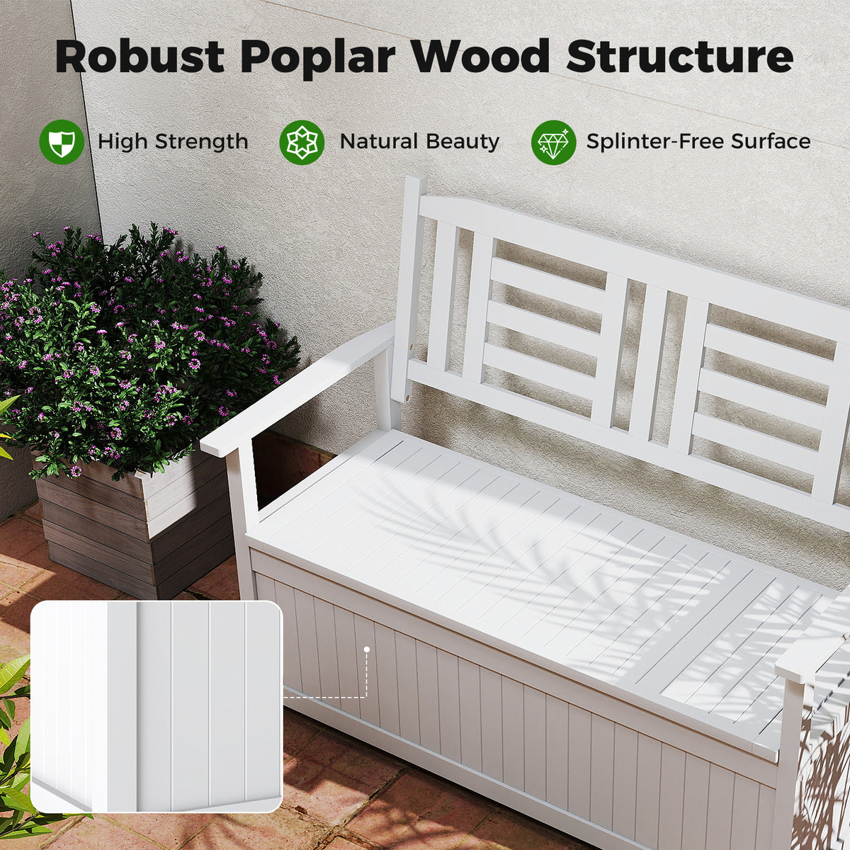 185L Patio Storage Bench Solid Wood Storage Loveseat with Backrest and Armrests-White