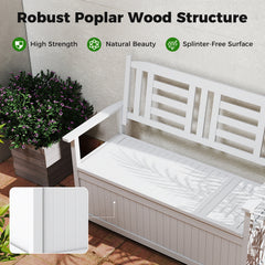 185L Patio Storage Bench Solid Wood Storage Loveseat with Backrest and Armrests-White