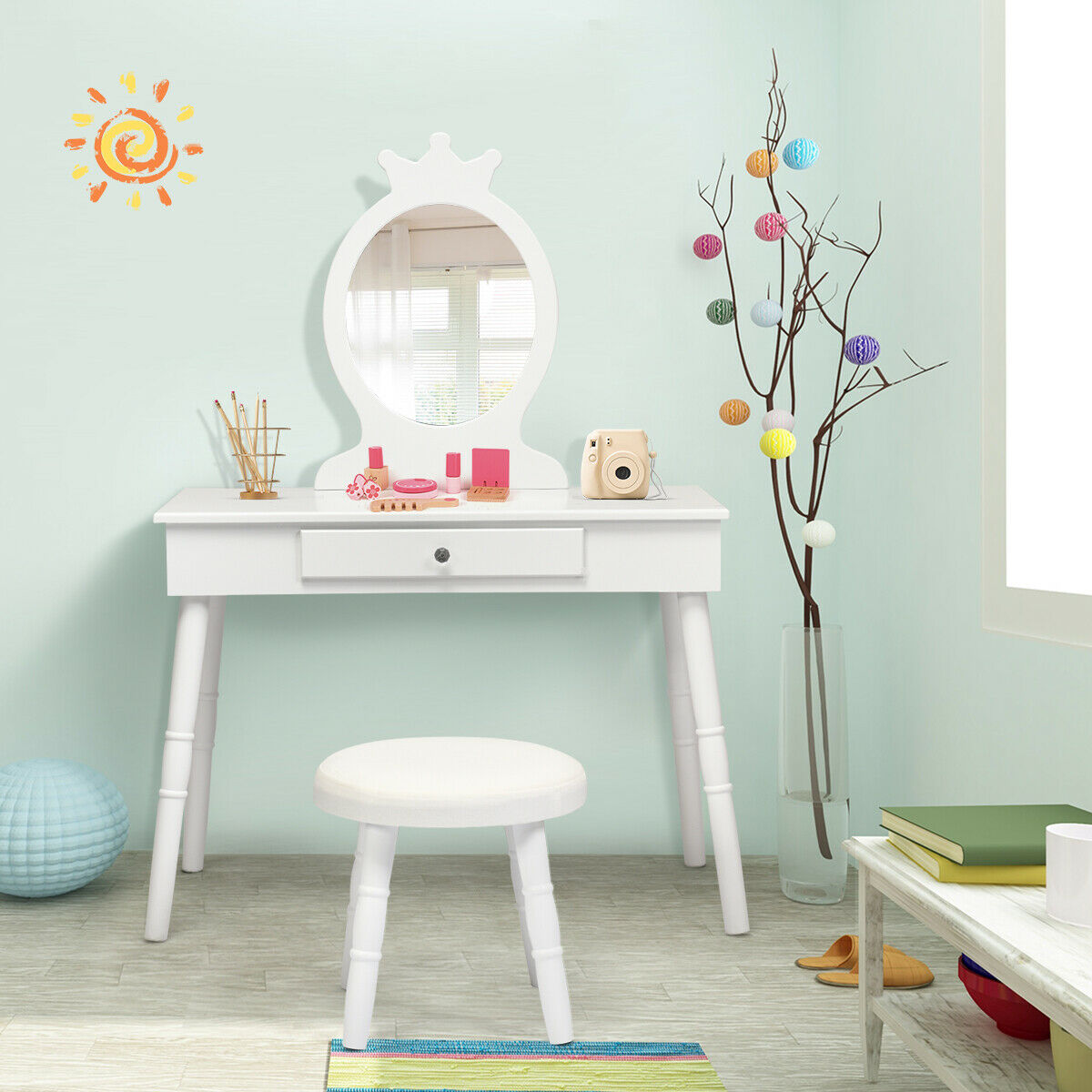 Child's Dressing Table and Cushioned Stool Set-White