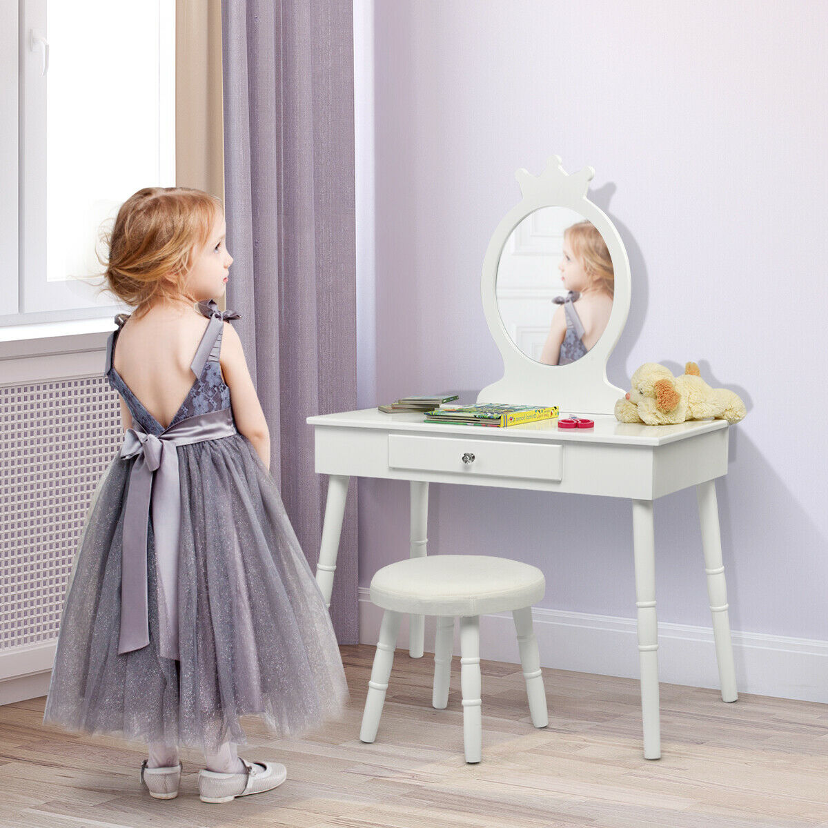 Child's Dressing Table and Cushioned Stool Set-White