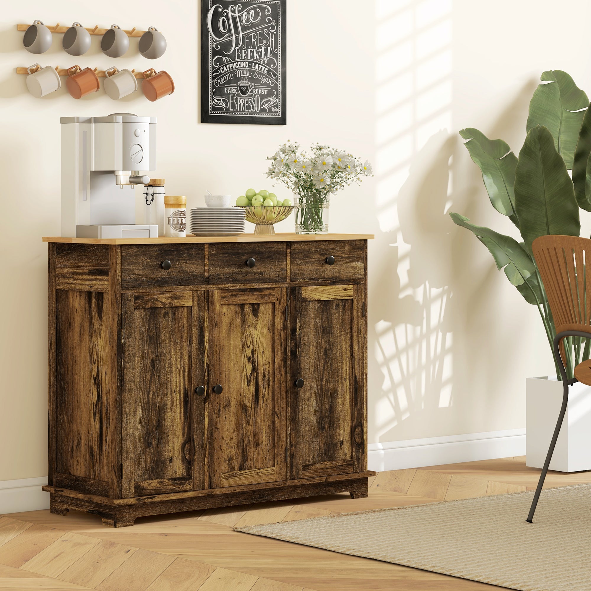 HOMCOM Sideboard with Rubberwood Top and Adjustable Shelves for Dining Room, Kitchen - Rustic Brown