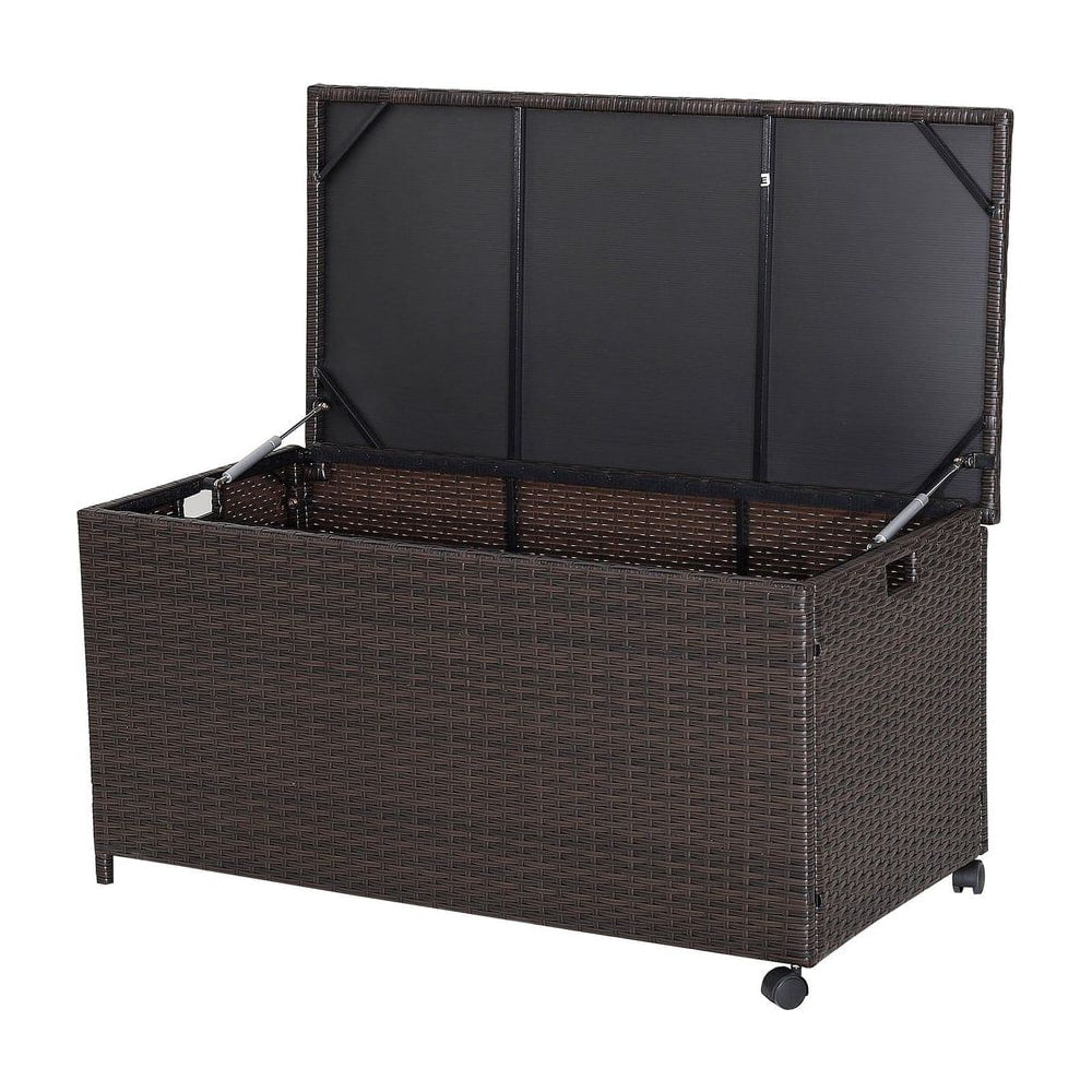 190L Deck Storage Box patio rattan storage container with 2 wheels, shown with lid open