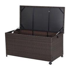 190L Deck Storage Box patio rattan storage container with 2 wheels, shown with lid open
