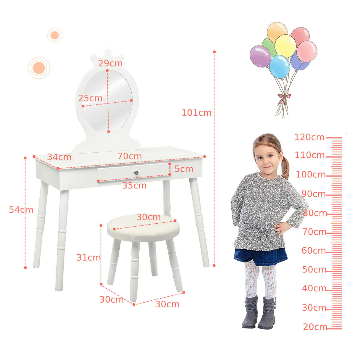 Child's Dressing Table and Cushioned Stool Set-White