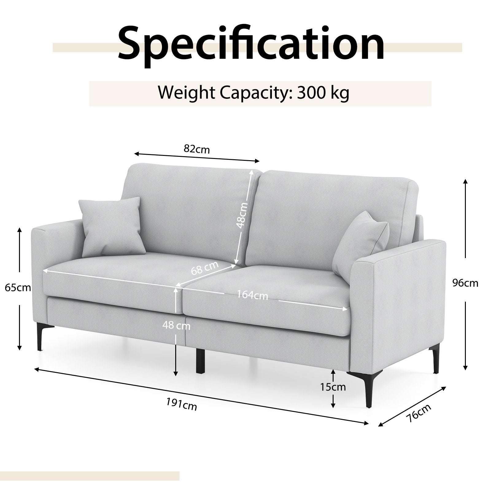 191cm Wide Upholstered Loveseat Sofa with Armrest and Pillows-Grey