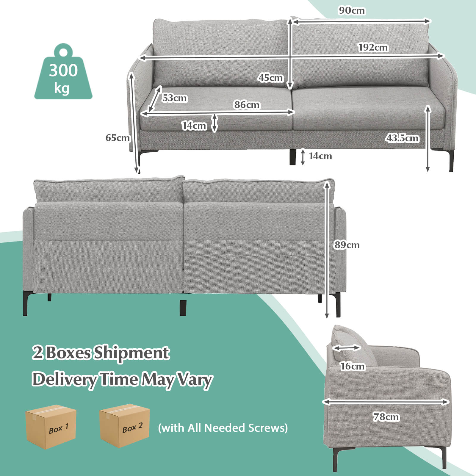 Modern Loveseat 3-Seater Upholstered Sofa with Washable Cushion Covers-Grey