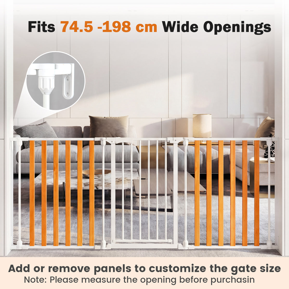 198 CM Extra Wide Configurable Baby Gate 3-Panel Indoor Wood Metal Pet Gate-Natural & White