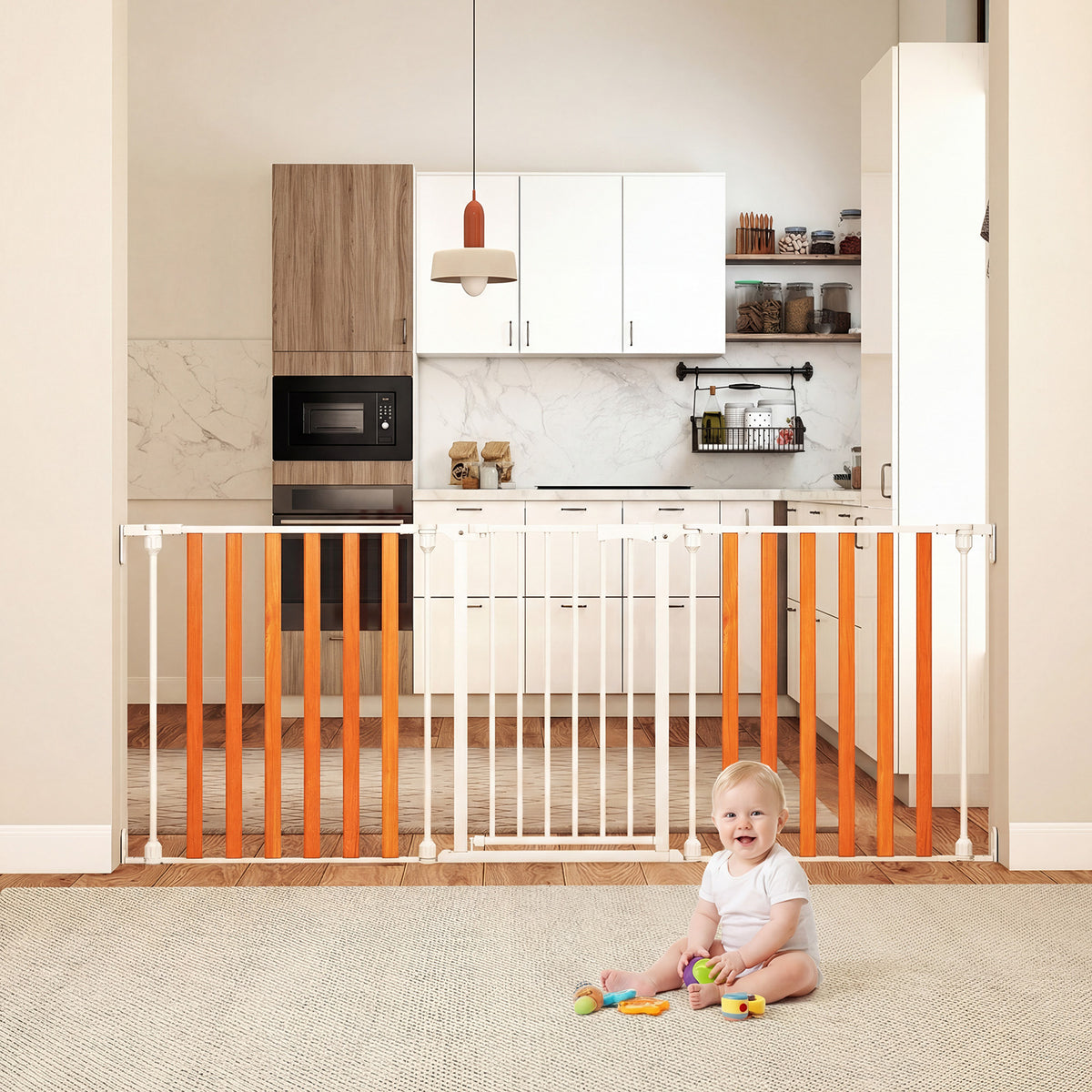 198 CM Extra Wide Configurable Baby Gate 3-Panel Indoor Wood Metal Pet Gate-Natural & White