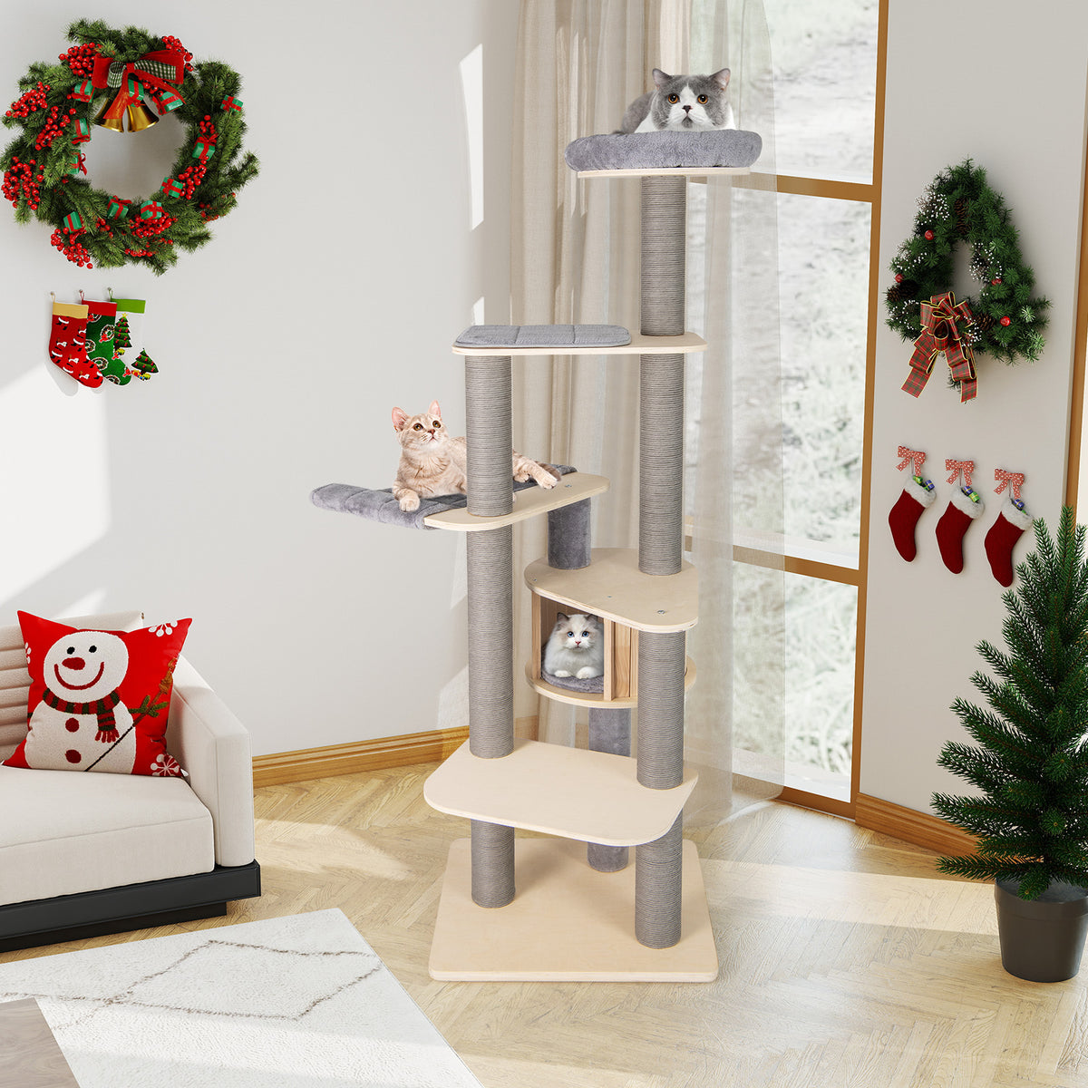 197 CM Tall Cat Tree with Comfy Padded Top Perch-Grey