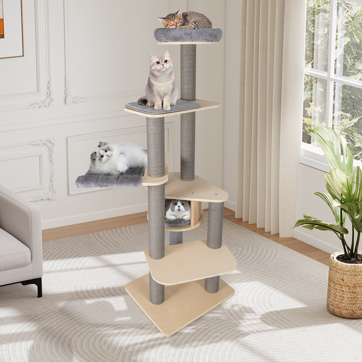 197 CM Tall Cat Tree with Comfy Padded Top Perch-Grey