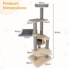 197 CM Tall Cat Tree with Comfy Padded Top Perch-Grey