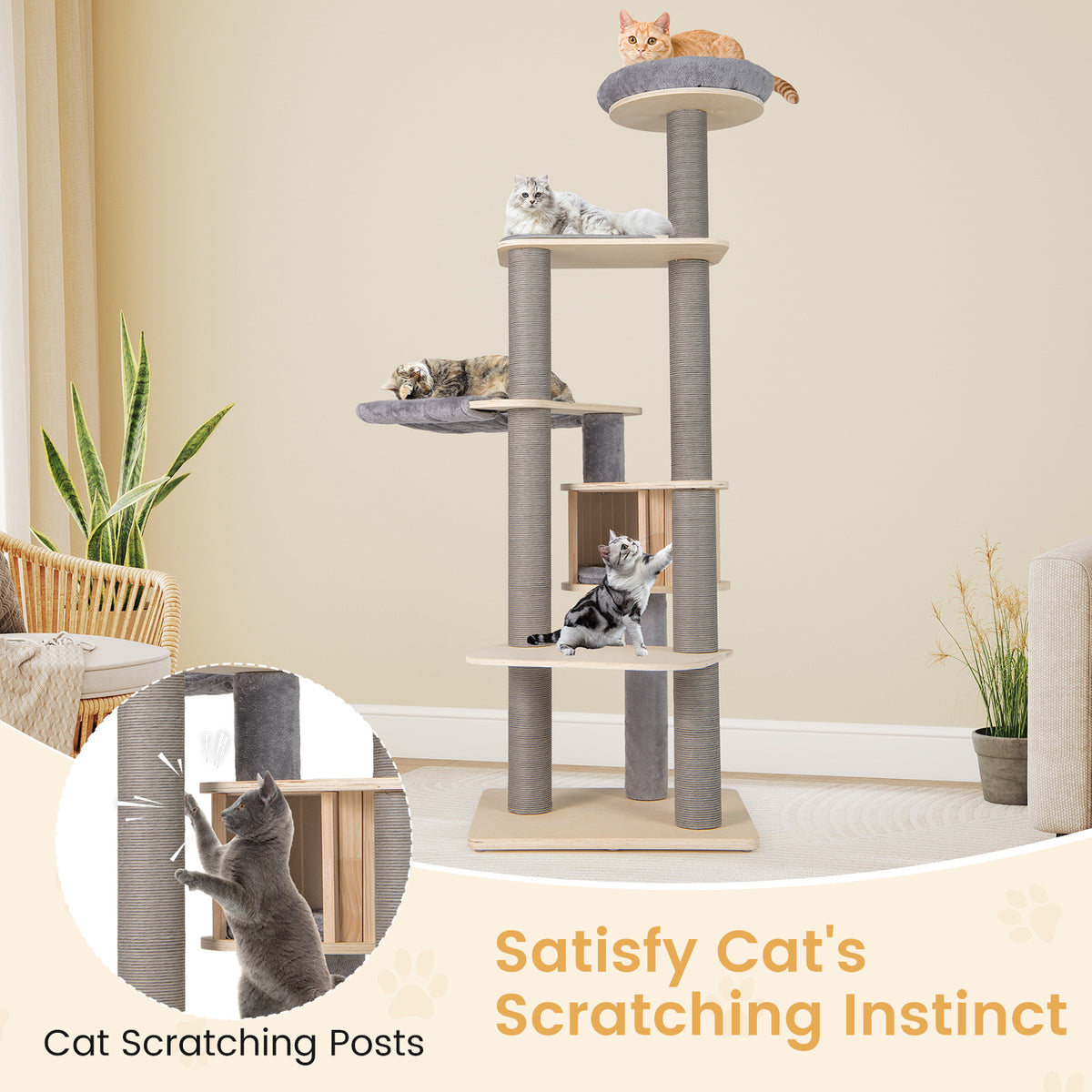197 CM Tall Cat Tree with Comfy Padded Top Perch-Grey