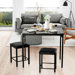 3 Piece Dining Table Set with 2 Faux Leather Backless Stools-Black