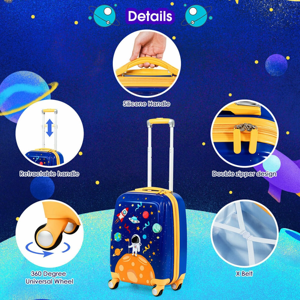 Details of the kids luggage set including handle, wheels and X belt