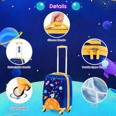 Details of the kids luggage set including handle, wheels and X belt