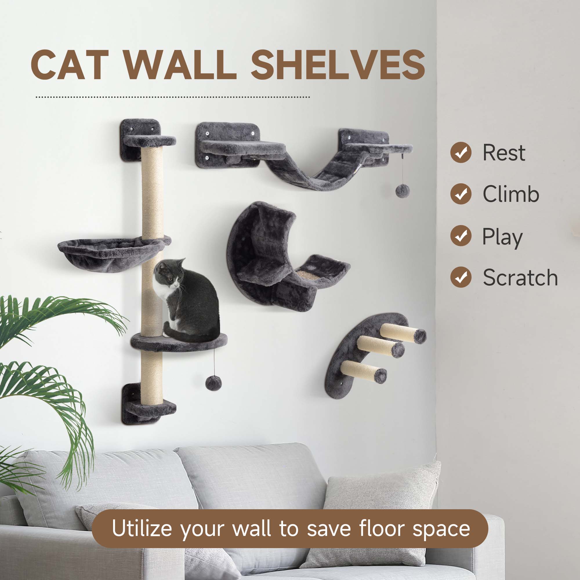 PawHut Four-Piece Cat Wall Furniture, with Hammock, Ladder, Platforms, Steps, for Indoor Use - Dark Grey