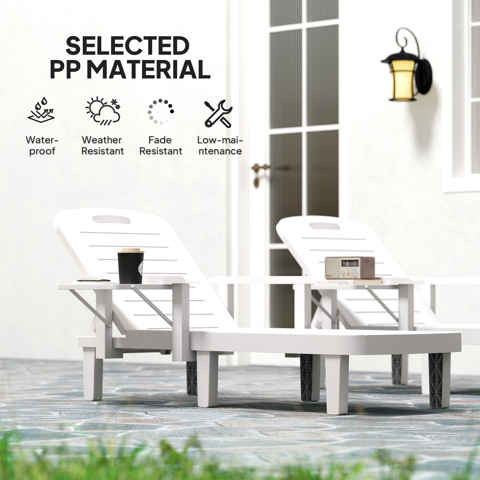 Outsunny Set of 2 Resin Reclining Sun Loungers for Garden, 5 Positions Adjustable Outdoor Chaise Lounge Chairs with Wood Texture Surface, Armrests, Foldable Side Table for Garden, Beach, White