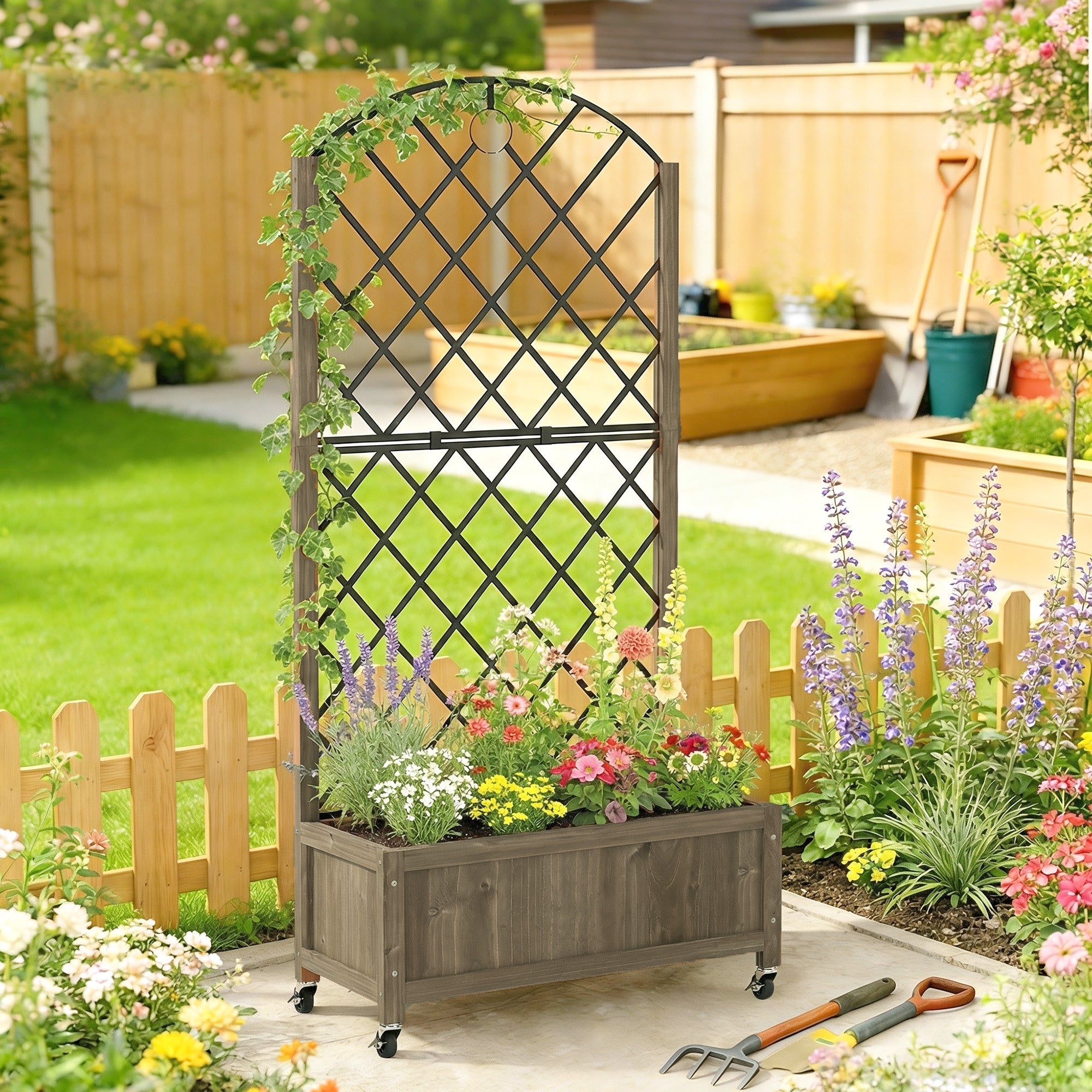 Outsunny Raised Garden Bed with Metal Trellis, Wooden Elevated Planter Box w/Lockable Wheels, Outdoor Raised Planter, Carbonised