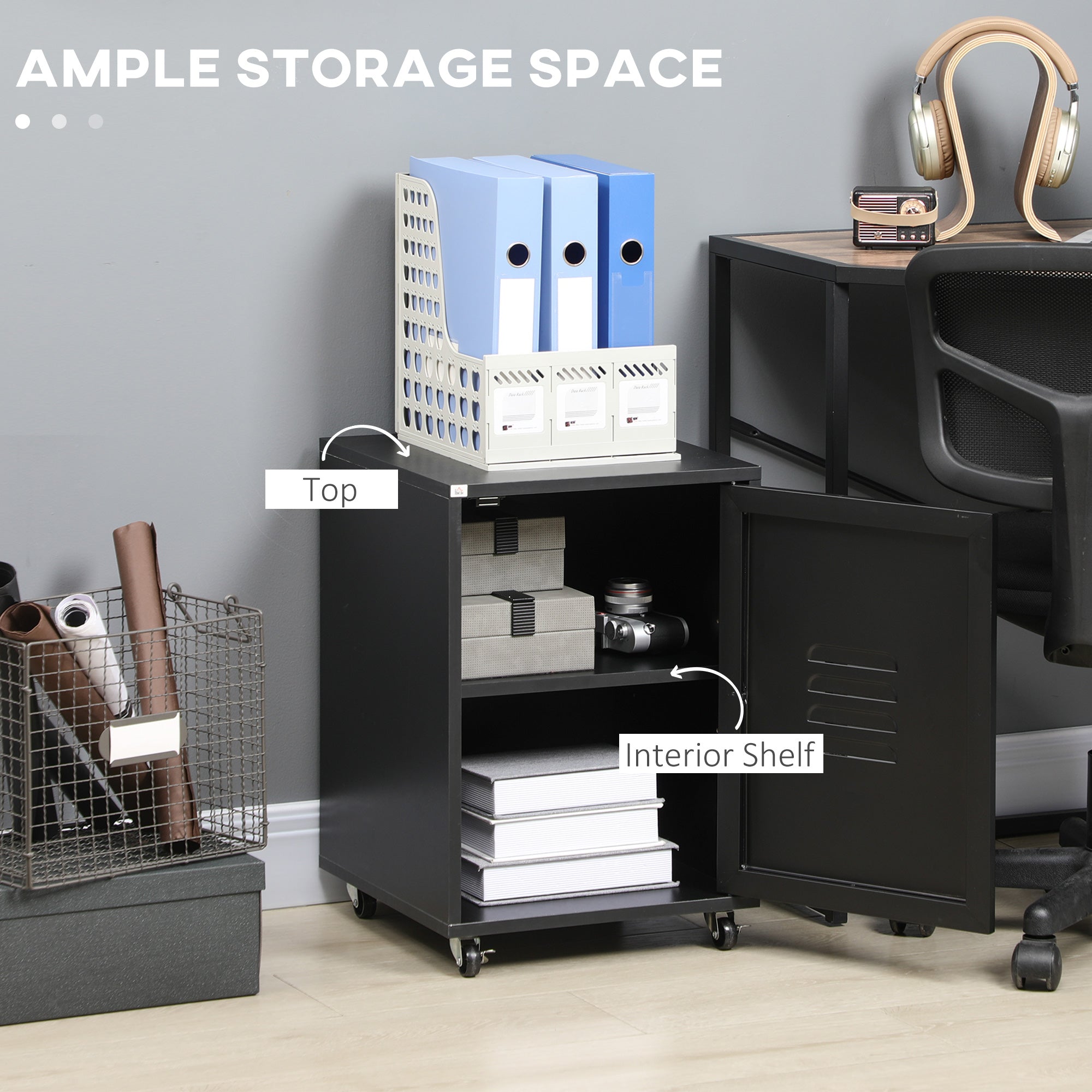 HOMCOM Rolling Metal Storage Locker Cabinet, Industrial Mobile Lockable Cabinet with Adjustable Shelf and Wheels for Home Office Living Room, Black