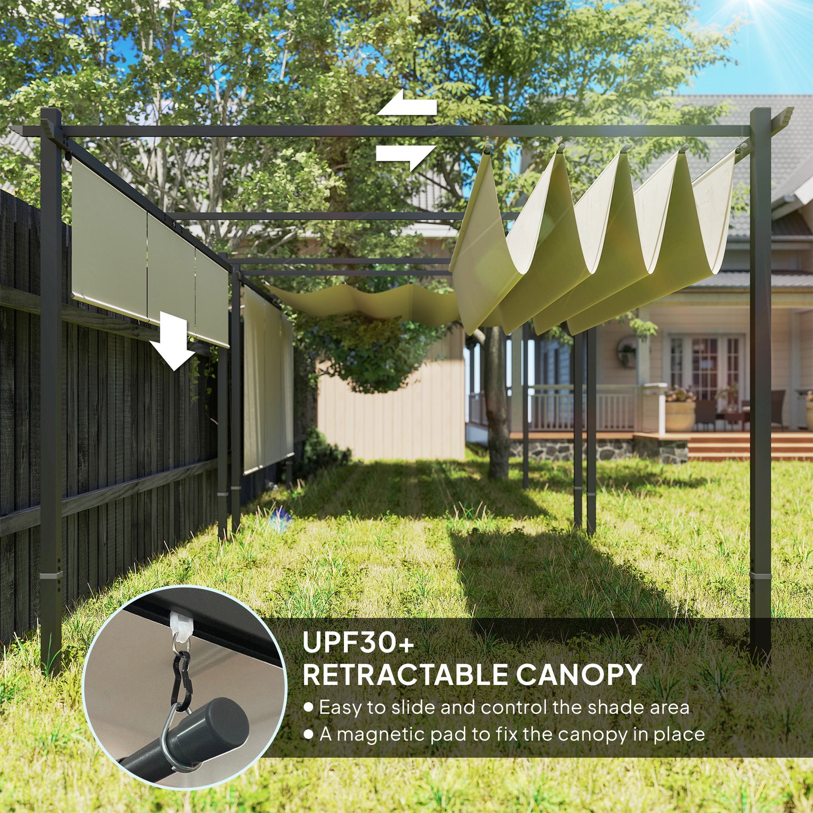 Outsunny 3 x 4m Metal Pergola with Retractable Roof and Roller Shade, Free Standing Gazebo Canopy Pergola Kit, UPF30+ Outdoor Sun Shelter, Beige