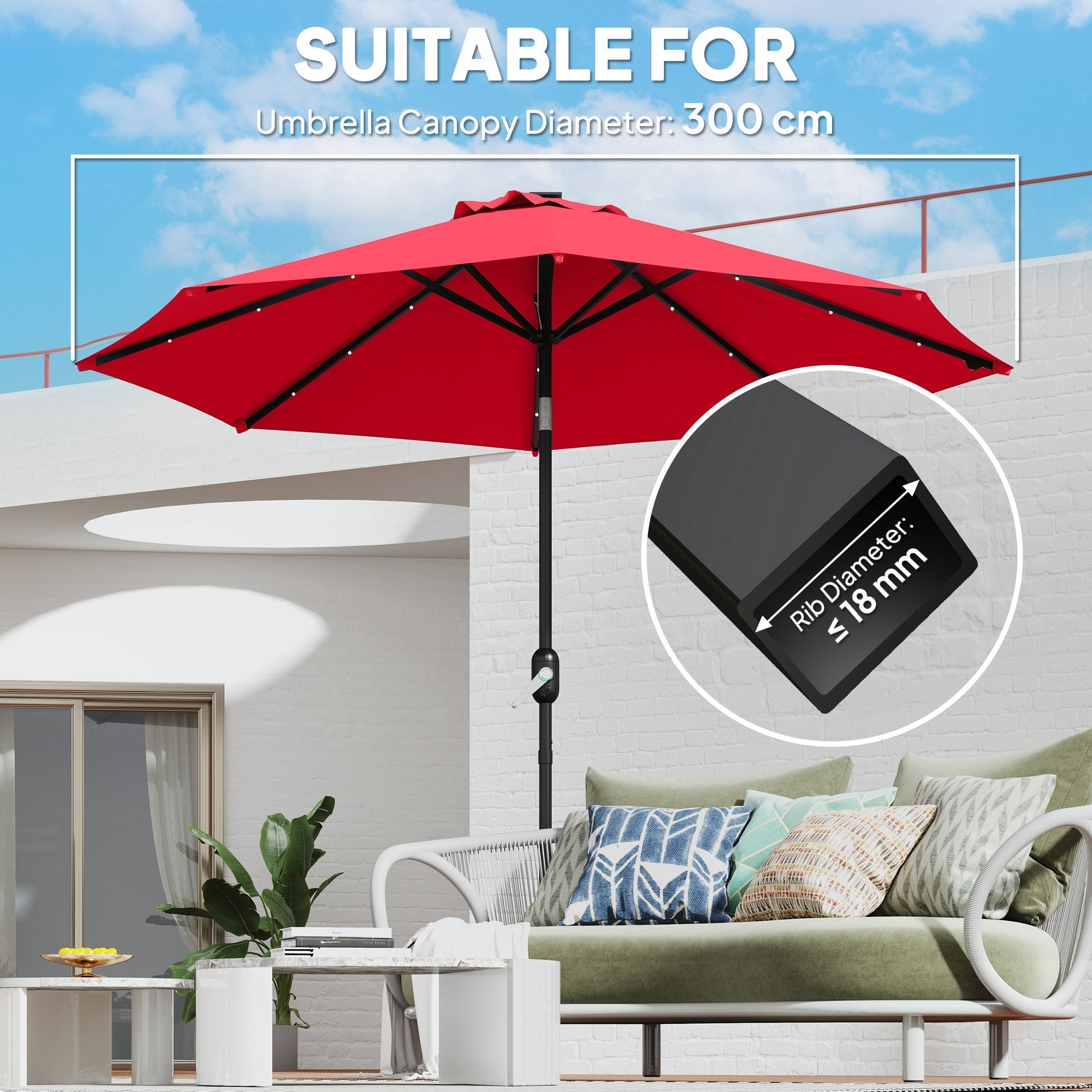 Outsunny 3 m Replacement Parasol Canopy with Top Vent, UPF 50+ Garden Parasol Replacement Canopy, 8 Rib Parasol Cover Replacement Fits Various Frames, Red