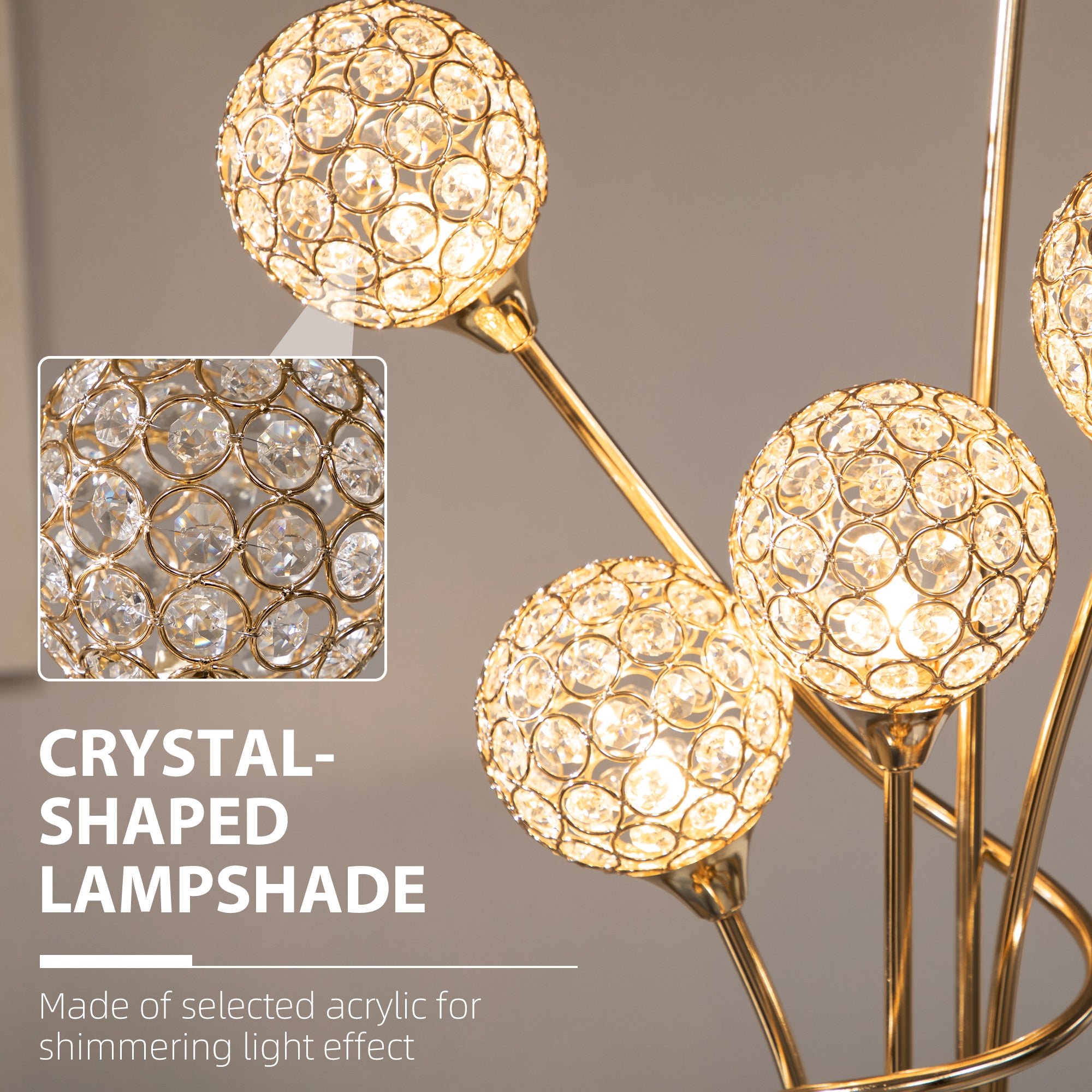 HOMCOM Crystal Floor Lamps for Living Room Bedroom with 5 Light, Modern Upright Standing Lamp, 34x25x156cm, Gold Tone