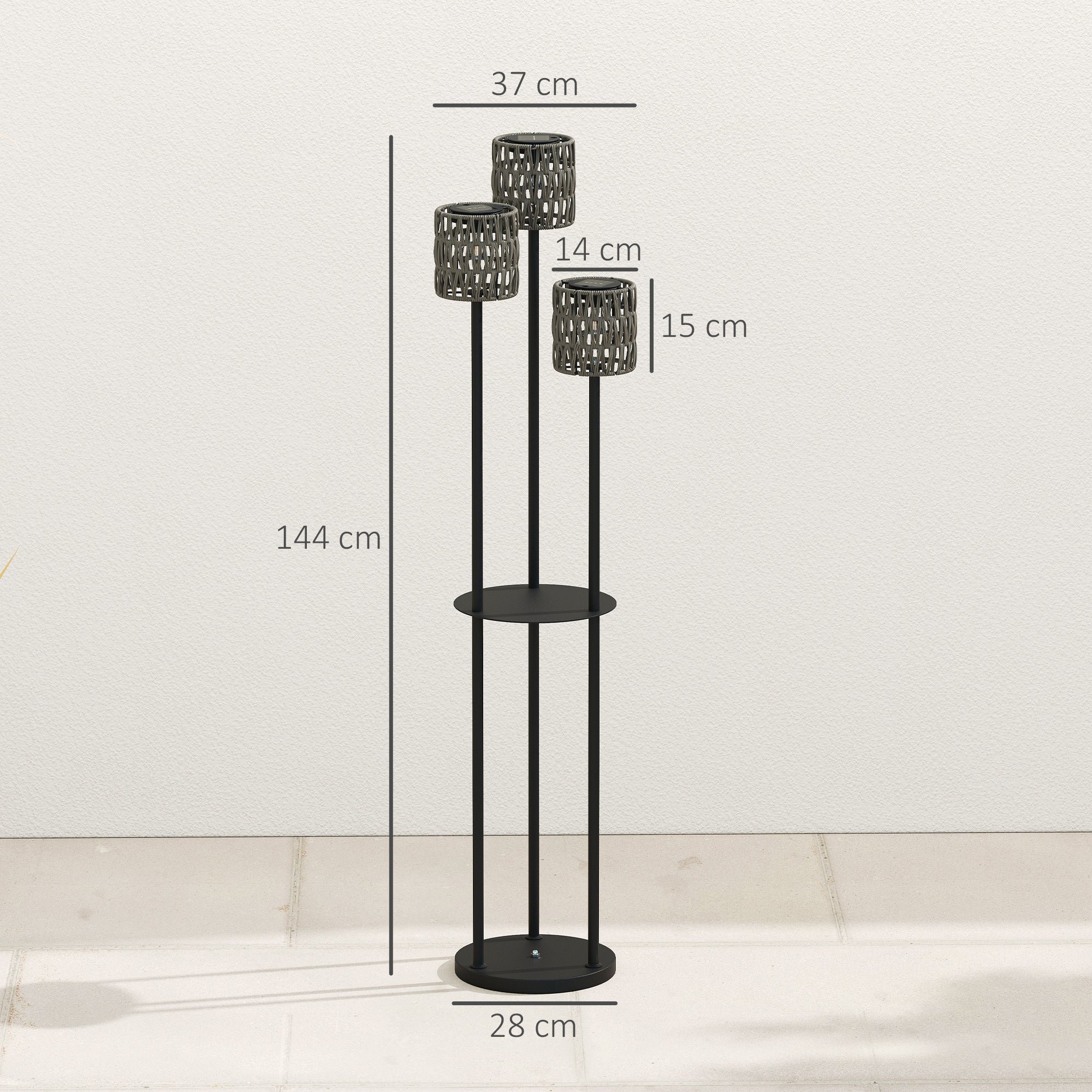 Outsunny Boho Rattan Floor Lamp, 3-Lights Rattan Lamp with Shelf, Freestanding Solar Garden Light with Auto On/Off Lights, Grey