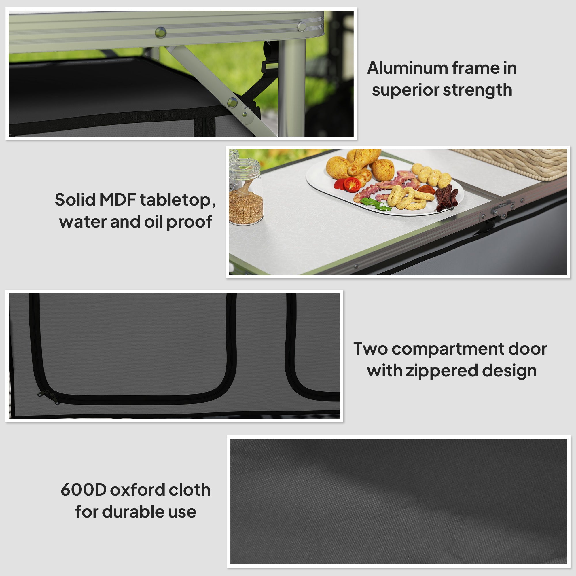 Outsunny 4ft Folding Camping Cupboard Kitchen, Height Adjustable Aluminium Camping Table with Storage, Lightweight Picnic Table for Outdoor Garden BBQ Party