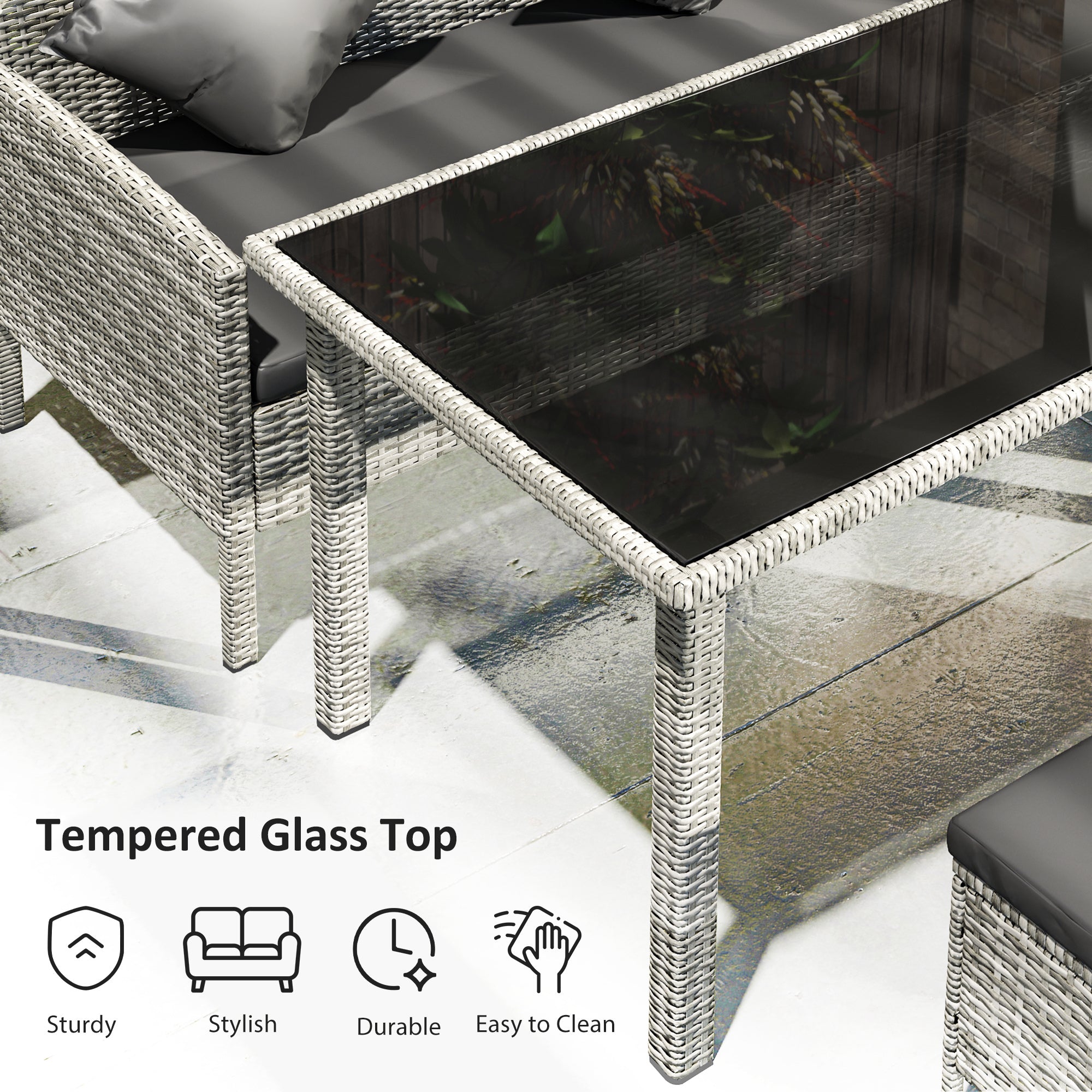 Outsunny tsunny 6-Seater Rattan Dining Set Sofa Table Footstool Outdoor w/ Cushion Garden Furniture, Dark Grey